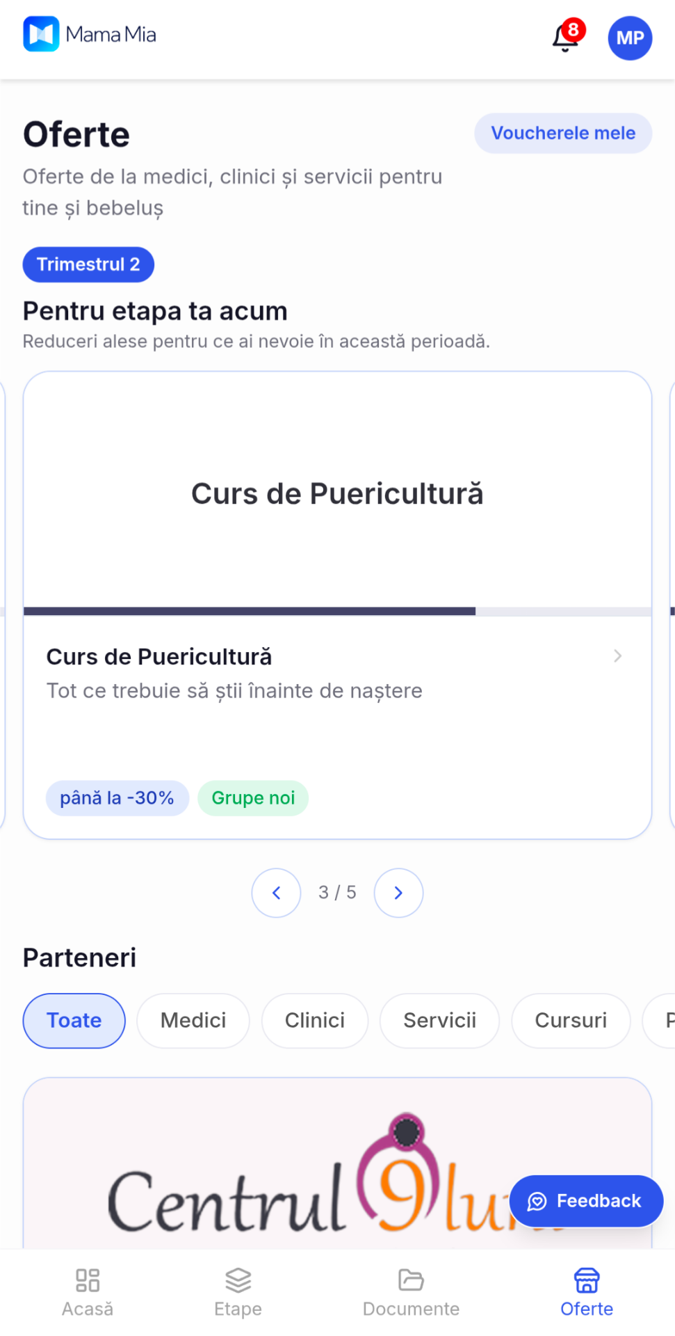 Secțiunea Oferte din aplicația Mama Mia, cu oferte de la parteneri